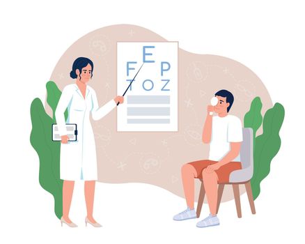 Man undergoing vision checkup with doctor 2D vector isolated illustration