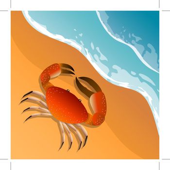 The illustration on a beach theme. Summer vacation by the sea. The crab on the sand. Sea surf .