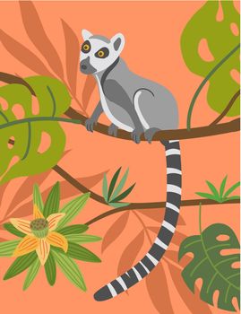 Lemur illustration. Tropical animals vector. Beautiful animalistic composition. Good for your design.
