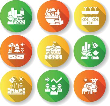 Agricultural business flat design long shadow glyph icons set