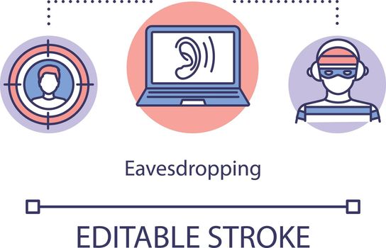 Eavesdropping digital interception concept icon. Theft personal information idea thin line illustration. Security hacker. Network attack. Vector isolated outline RGB color drawing. Editable stroke