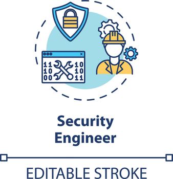 Security engineer concept icon. Cybersecurity career idea thin line illustration. Sensitive data protection. Cybercrime prevention. Vector isolated outline RGB color drawing. Editable stroke