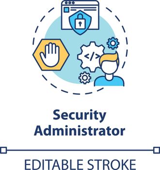 Security administrator concept icon. Cybersecurity career idea thin line illustration. Troubleshooting organization security solutions. Vector isolated outline RGB color drawing. Editable stroke
