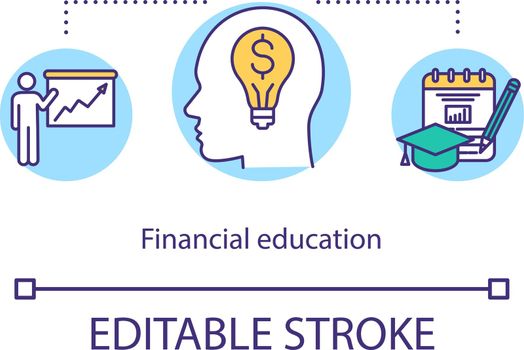 Financial education concept icon. Banking analytics system. Online courses idea thin line illustration. Vector isolated outline RGB color drawing. Editable stroke