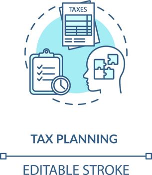 Tax planning concept icon. Payments planning. Economical literacy. Money spending. Financial education idea thin line illustration. Vector isolated outline RGB color drawing. Editable stroke