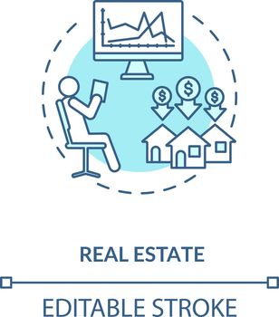 Real estate concept icon. Strong budget increasing plan. Money income plan. Houses investing idea thin line illustration. Vector isolated outline RGB color drawing. Editable stroke