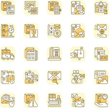 Postal services yellow RGB color icons set