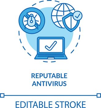 Reputable antivirus concept icon. Virus protection. Identity safeguard. Trustworthy antivirus software idea thin line illustration. Vector isolated outline RGB color drawing. Editable stroke