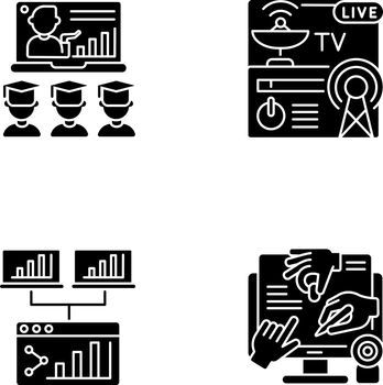Global communications black glyph icons set on white space