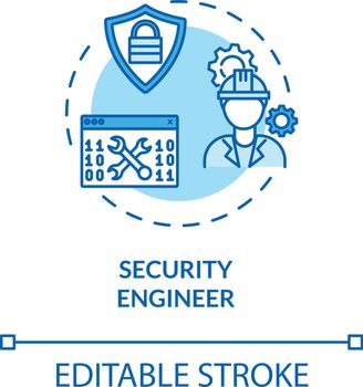 Security engineer concept icon. Cybersecurity job idea thin line illustration. Sensitive data monitoring. Cybercrime prevention. Vector isolated outline RGB color drawing. Editable stroke