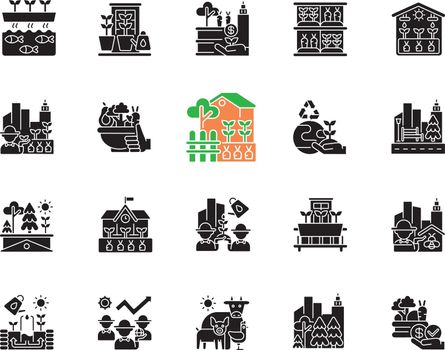 Urban farming black glyph icons set on white space