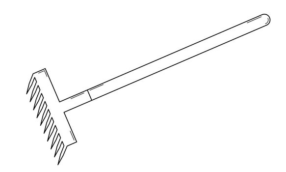 Hand drawn rake for gardening. Tool for cultivating soil and collecting leaves. Doodle style. Vector