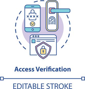 Access verification concept icon. Information availablity check. Cyberspace privacy. Way to use biometrics ideas idea thin line illustration. Vector isolated outline RGB color drawing. Editable stroke