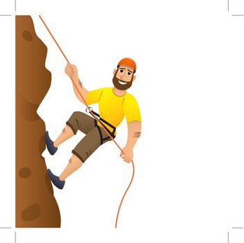 Rock climber. Man commits to rise the steep slope. Cartoon character.