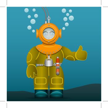 Diver in an old suit and scuba diving helmet. Cartoon style. Vector Image.