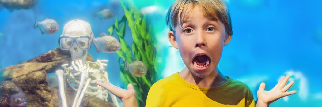 The boy got scared Skeleton and piranha in an aquarium BANNER, LONG FORMAT