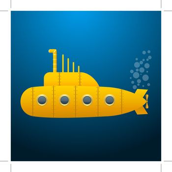 Yellow Submarine . Blue background. Wallpaper. Cartoon style. Vector Image.