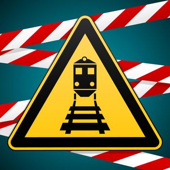 Beware of train Warning sign and warning bands. Vector illustration.