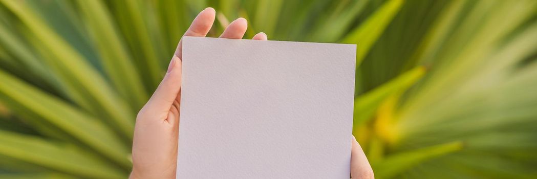 Women's hands in a tropical background holding a signboard paper, mockup BANNER, LONG FORMAT