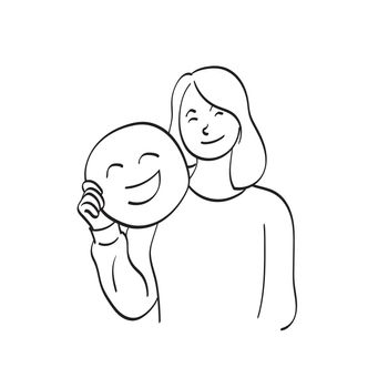 line art half length of woman holding smiling emoticon illustration vector hand drawn isolated on white background
