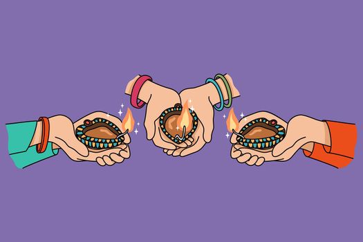 Closeup of people holding oil lamps celebrate traditional indian event. Hands with candles on Diwali festival in India. Culture and diversity concept. Vector illustration.