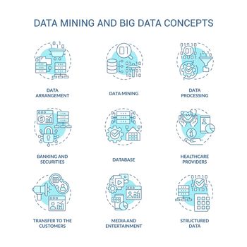 Data mining and big data turquoise concept icons set