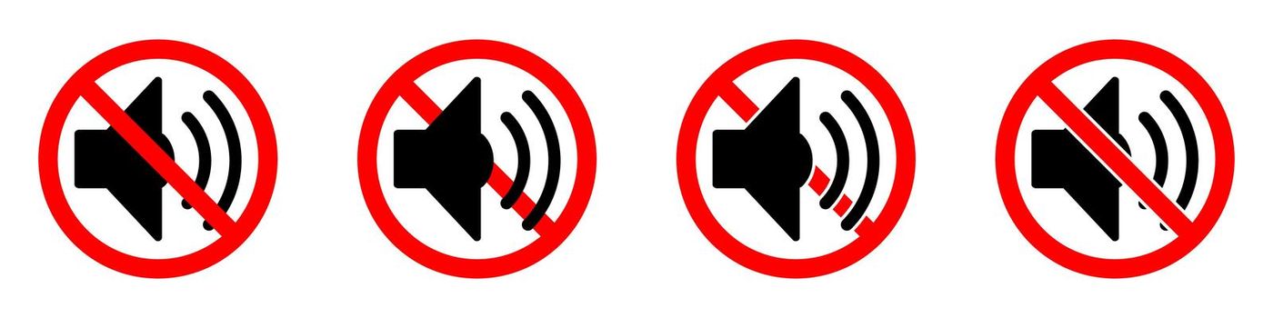 Volume sound ban icon. Loud sound is prohibited. Stop volume sound icon.