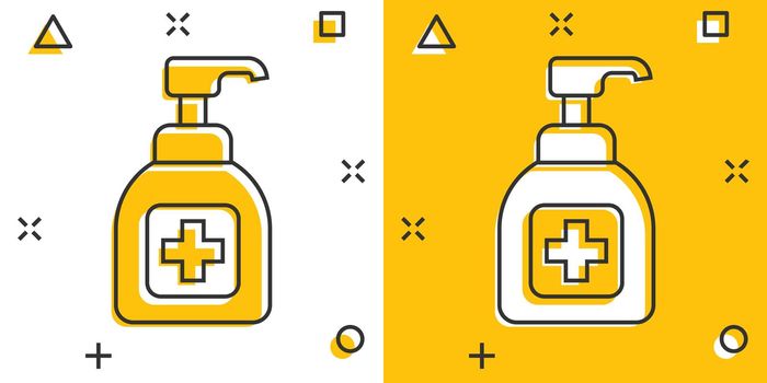 Hand sanitizer icon in comic style. Antiseptic bottle cartoon vector illustration on isolated background. Disinfect gel splash effect sign business concept.