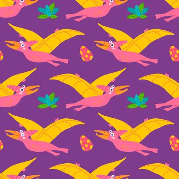 Cute Flying Dinosaur Pterodactylus with Tropical Plants and Eggs, Vector seamless pattern on Purple background, childrens print for clothes, postcards
