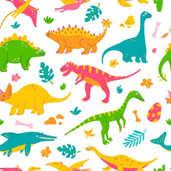 Funny dinosaurs and tropical plants, childrens colorful print for fabric, postcards. Vector seamless pattern