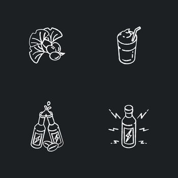 Caffeinated drinks chalk white icons set on black background