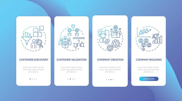 Customer development framework onboarding mobile app page screen with concepts