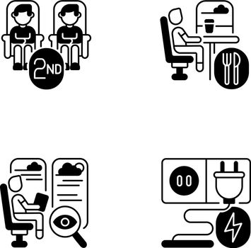 Economy class train services black linear icons set