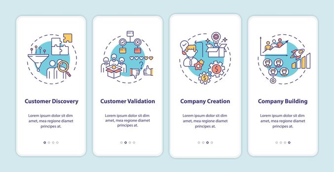 Customer development framework onboarding mobile app page screen with concepts
