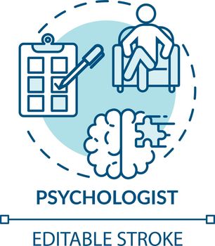 Psychologist concept icon. Medical speciality idea thin line illustration. Doing researches. Mental health clinician. Mind study. Vector isolated outline RGB color drawing. Editable stroke