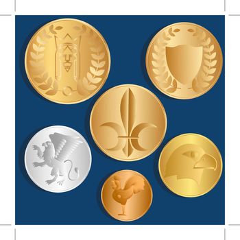 Different metal coins. Blue background. Vector.