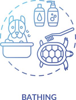 Bathing concept icon. Grooming services types. Animal beauty salon. Dog and cat cleaning soaps. Veterenary services idea thin line illustration. Vector isolated outline RGB color drawing