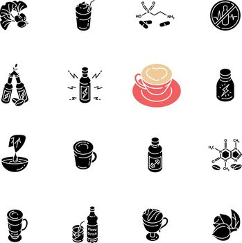 Energy drinks and caffeine black glyph icons set on white space