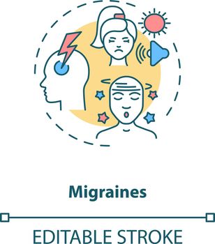 Migraines concept icon. Headache trigger idea thin line illustration. Throbbing pain, pulsing sensation. Light, sound, smell sensitivity. Vector isolated outline RGB color drawing. Editable stroke