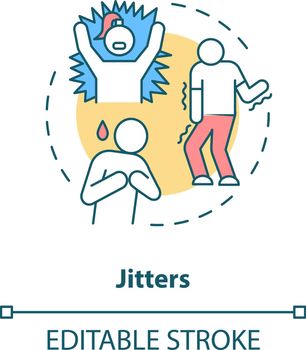 Jitters concept icon. Adrenaline levels boost idea thin line illustration. High blood pressure. Sweatiness. Too much coffee drinking. Vector isolated outline RGB color drawing. Editable stroke