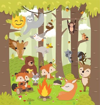 Cute woodland forest animals cartoon background