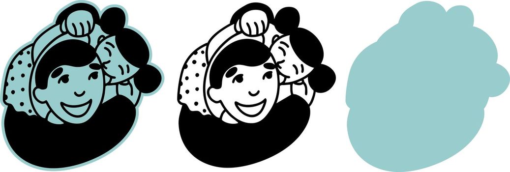 Dad and baby are playing. The father holds the mischievous daughter in his arms and hugs her tightly. Fun communication of the father and the child. Illustration in black and white, on an isolated background, for cutting on a plotter for Father s Day. Simple in the form of an emblem and logo. Vector.