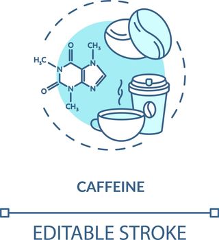 Caffeine concept icon. High caffeine energy drinks idea thin line illustration. Coffee cup. Central nervous system substance. Coffee beans. Vector isolated outline RGB color drawing. Editable stroke