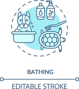 Bathing concept icon. Grooming services types. Animal salon. Dog and cat cleaning bath. Veterenary services idea thin line illustration. Vector isolated outline RGB color drawing. Editable stroke