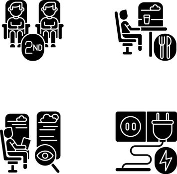 Economy class train services black glyph icons set on white space