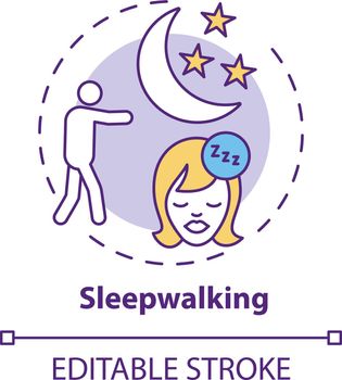 Sleepwalking concept icon. Somnambulism symptom. Walk in dream. Healthcare problem. Sleep disorder idea thin line illustration. Vector isolated outline RGB color drawing. Editable stroke