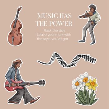 Sticker template with diverse music on street concept,watercolor style