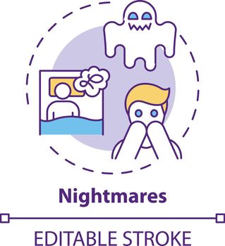 Nightmares concept icon. Night terrors. Healthcare problem. Awake from fear. Anxiety and stress. Sleep disorder idea thin line illustration. Vector isolated outline RGB color drawing. Editable stroke