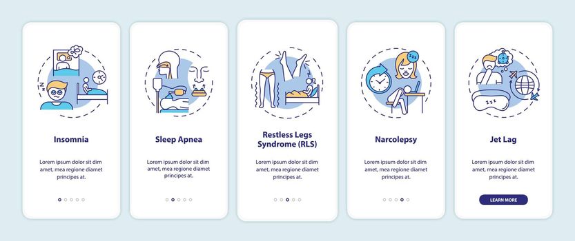 Sleep disorder types onboarding mobile app page screen with concepts