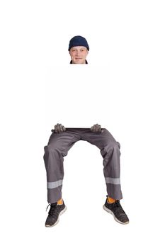 builder, foreman or repairman sitting in white background